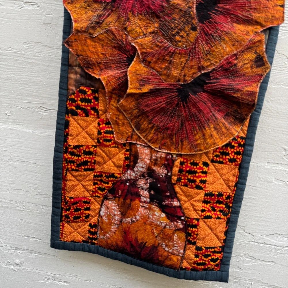 handmade tapestry Quilted Wall Hang Orange Floral Fiber Art Vase Flowers 3D